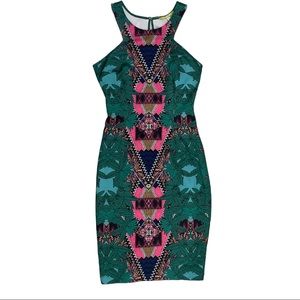 Gianni Bini Cabana Globe Tribal Print Sheath Dress Pink Green Blue